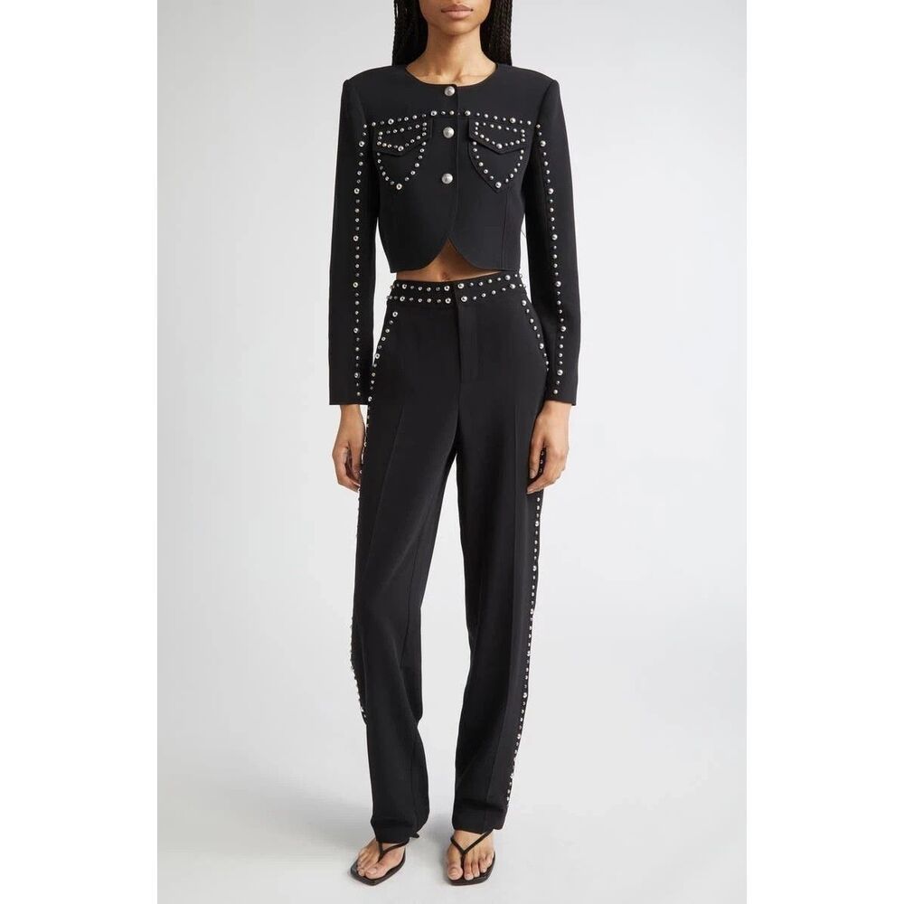 New $595 Cinq Sept Olga Studded Cropped Blazer Jacket Black Size 8